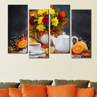 0499  Wall art decoration (set of 4 pieces) Composition with tea and flowers