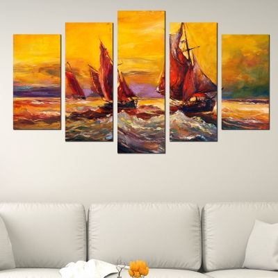 0503 Wall art decoration (set of 5 pieces) Sea landscape with boats
