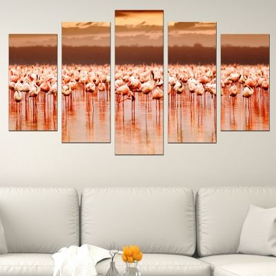 0530 Wall art decoration (set of 5 pieces) Flamingos on sunset