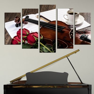 0551 Wall art decoration (set of 5 pieces) Romantic composition with roses and violin