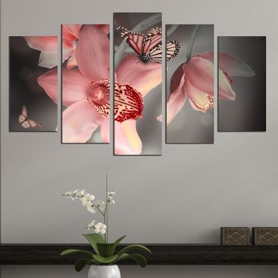 0612 Wall art decoration (set of 5 pieces) Orchids and butterflies