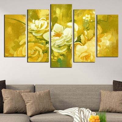0685 Wall art decoration (set of 5 pieces) Art flowers - yellow