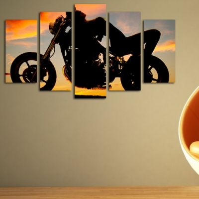 0125  Wall art decoration (set of 5 pieces) Sunset and motorcycle