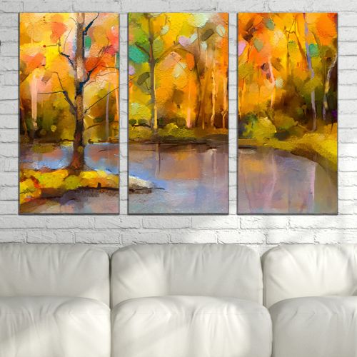 0877 Wall art decoration (set of 3 pieces) Abstract landscape with trees and lake