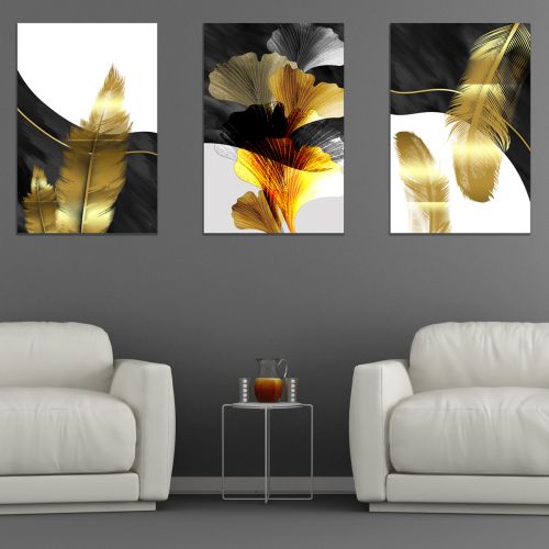 0893  Wall art decoration (set of 3 pieces) Golden leaves