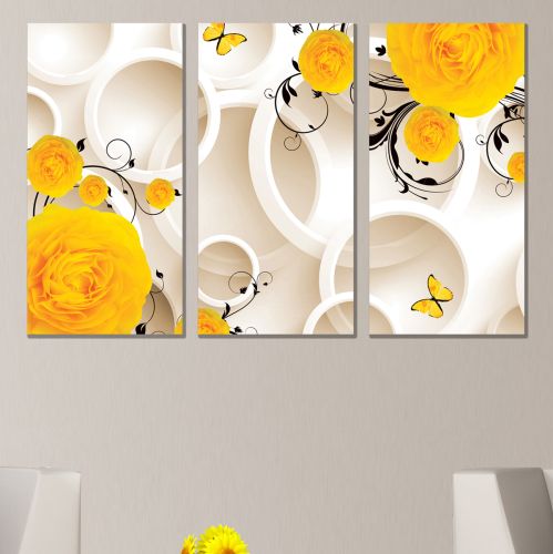 9198 Картина пано от 3 части 3D Жълти цветя за кухня