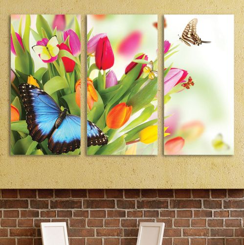 0064 Wall art decoration (set of 3 pieces)Tulips and butterflies