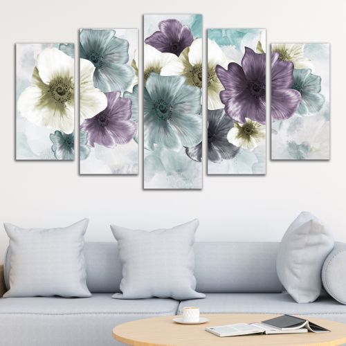 0990  Wall art decoration (set of 5 pieces) Abstraction with flowers and feathers