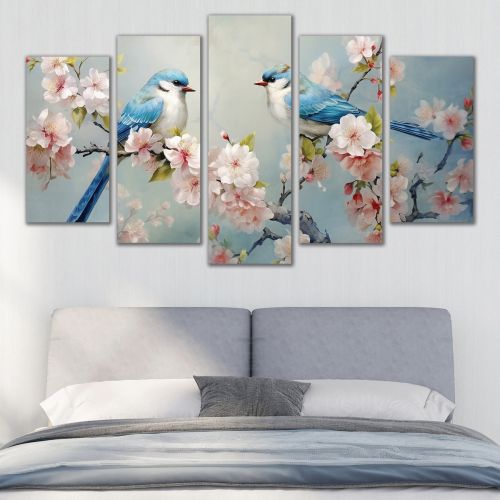 1027  Wall art decoration (set of 5 pieces) Flowers and birds