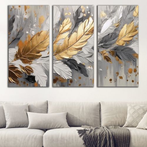 1000 Wall art decoration (set of 3 pieces) Abstraction with leaves in gold and grey