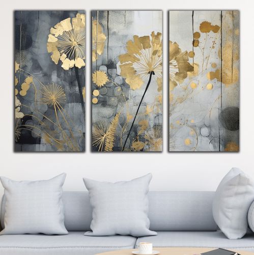 1008 Wall art decoration (set of 3 pieces) Dandelions in gold and grey