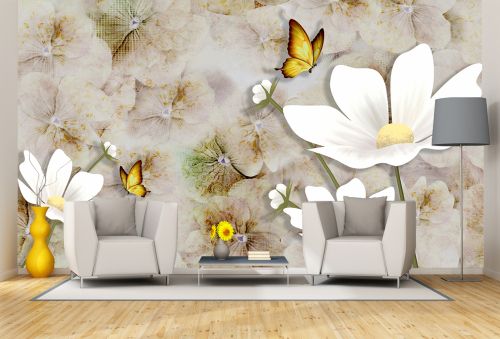 T9296 Wallpaper 3D Abstraction with white flowers