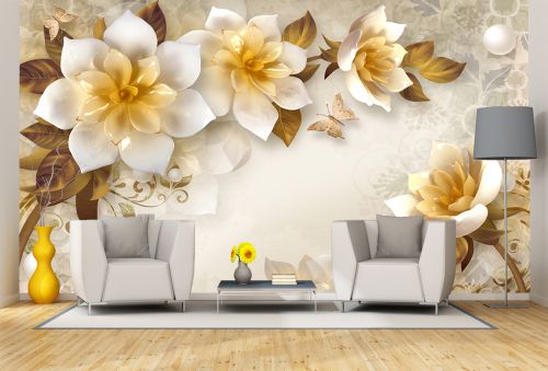 T9299 Wallpaper 3D Abstraction with white flowers