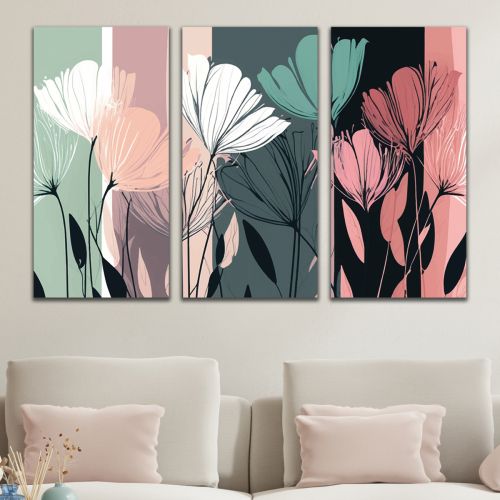 9295 Wall art decoration (set of 3 pieces) Abstract flowers in pastel colors