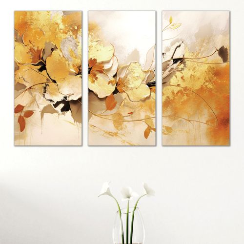 1058 Wall art decoration (set of 3 pieces) Abstraction with flowers in gold