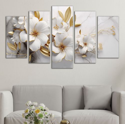 1059  Wall art decoration (set of 5 pieces) Flowers in gold and white