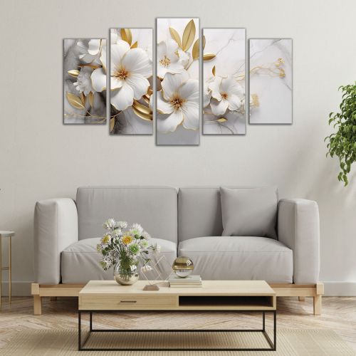 0750  Wall art decoration (set of 5 pieces) White orchids on brown background for bedroom