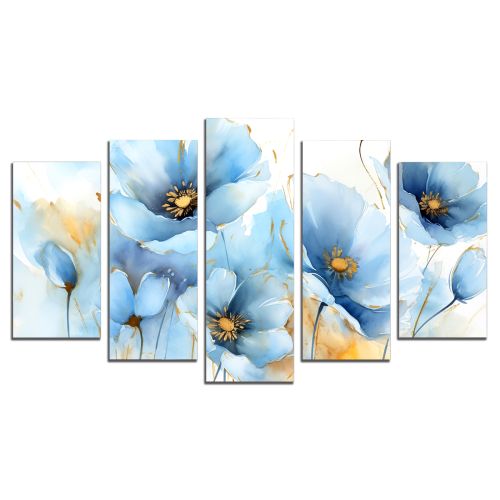 0963 Wall art decoration (set of 5 pieces) Blue flowers