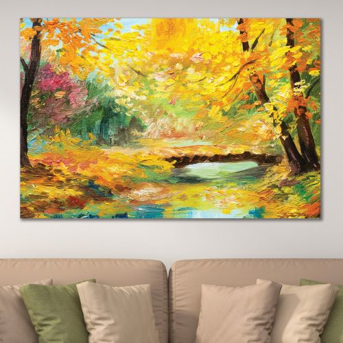 0979 Картина Цветен горски пейзаж с мост и река