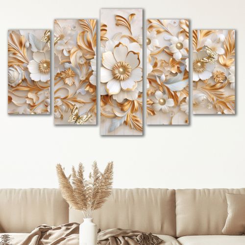 0995  Wall art decoration (set of 5 pieces) Golden flowers and butterflies