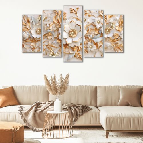 0995  Wall art decoration (set of 5 pieces) Golden flowers and butterflies