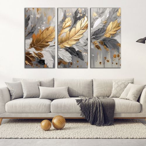 1000 Wall art decoration (set of 3 pieces) Abstraction with leaves in gold and grey