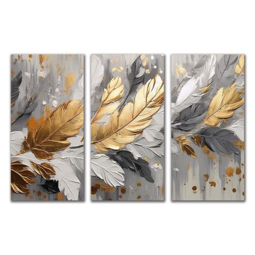 1000 Wall art decoration (set of 3 pieces) Abstraction with leaves in gold and grey