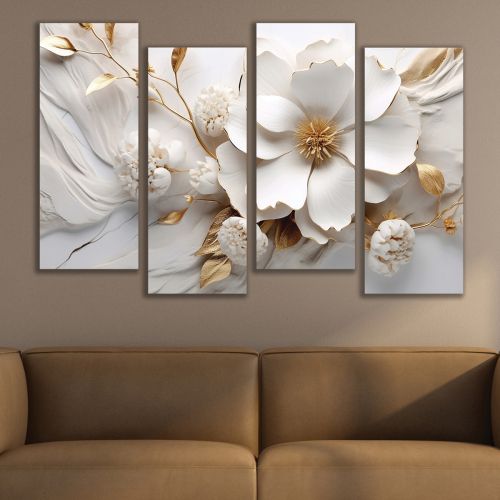 1001  Wall art decoration (set of 4 pieces) Fowers - white and gold