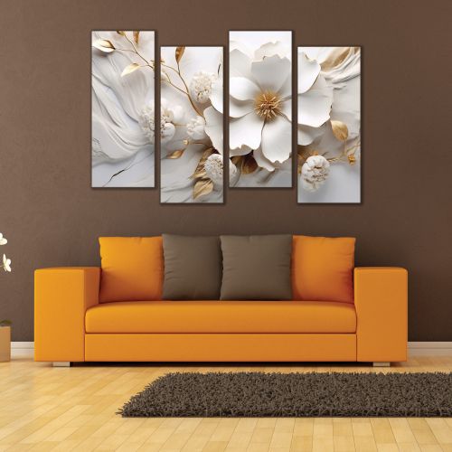 1001  Wall art decoration (set of 4 pieces) Fowers - white and gold