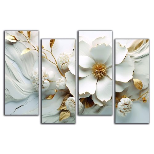 1001  Wall art decoration (set of 4 pieces) Fowers - white and gold