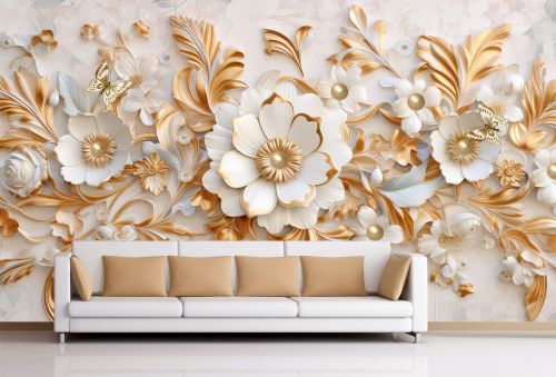 T0995 Wallpaper 3D Golden flowers and butterflies