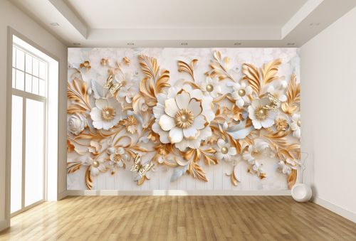 T0995 Wallpaper 3D Golden flowers and butterflies