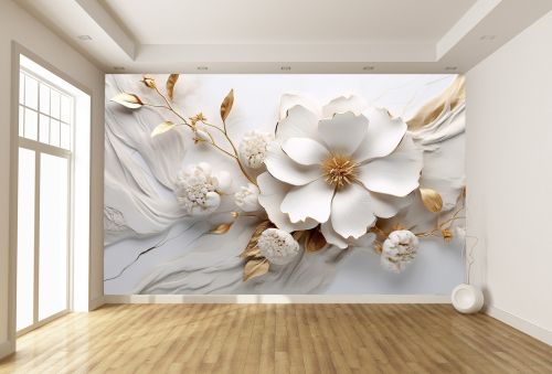 T1001 Wallpaper 3D Flowers white and gold