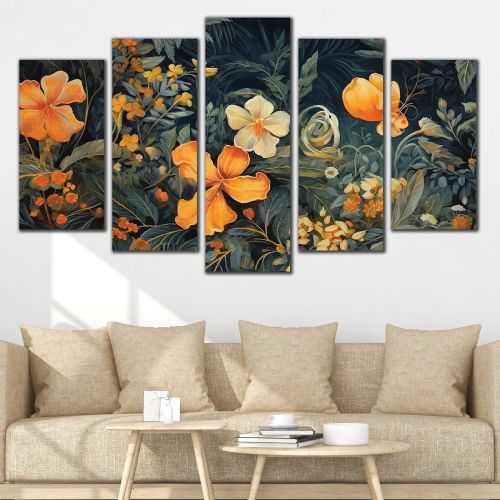 0750  Wall art decoration (set of 5 pieces) White orchids on brown background for living room