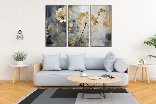 1008 Wall art decoration (set of 3 pieces) Dandelions in gold and grey