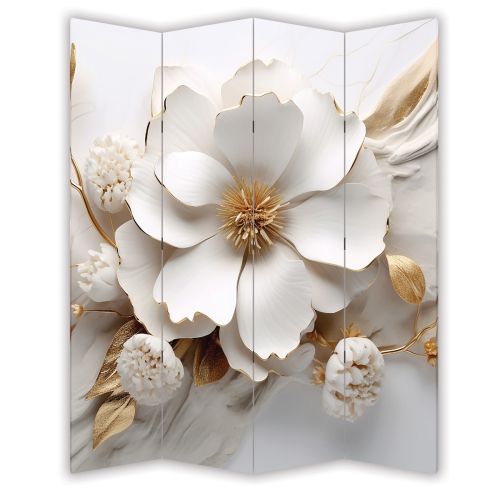 P1001 Decorative Screen Room divider 3D Flowers white and gold (3, 4, 5 or 6 panels)