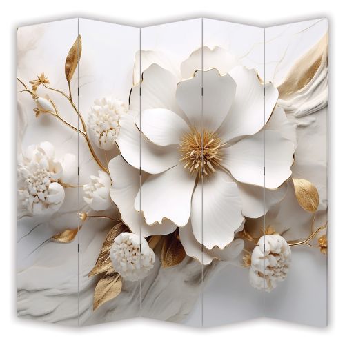 P1001 Decorative Screen Room divider 3D Flowers white and gold (3, 4, 5 or 6 panels)