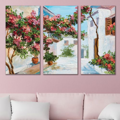 1014 Wall art decoration (set of 3 pieces) Summer landscape with houses and flowers