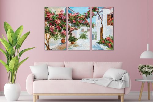 1014 Wall art decoration (set of 3 pieces) Summer landscape with houses and flowers