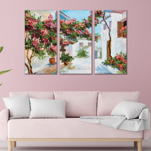 1014 Wall art decoration (set of 3 pieces) Summer landscape with houses and flowers