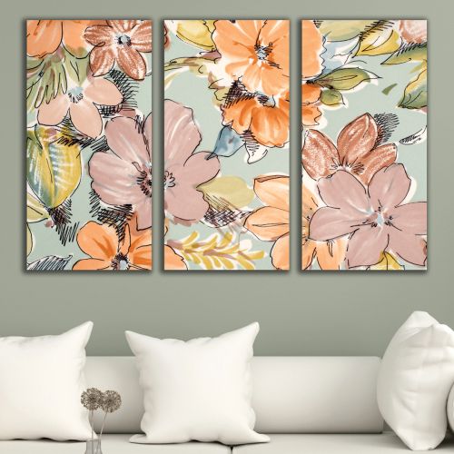 1021 Wall art decoration (set of 3 pieces) Abstraction with flowers in pastel colors