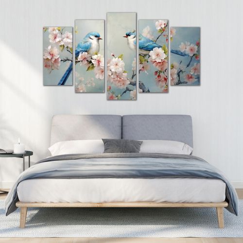 1027  Wall art decoration (set of 5 pieces) Flowers and birds