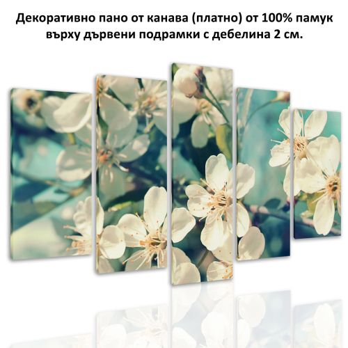 0722 Wall art decoration (set of 5 pieces) Blooming branches on blue background