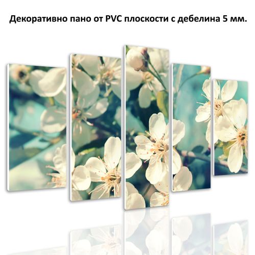 0722 Wall art decoration (set of 5 pieces) Blooming branches on blue background